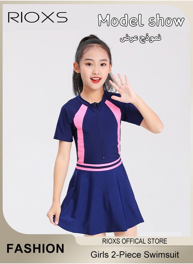 RIOXS - Girls' Two-Piece Swimsuits-Short Sleeve Rash Guard Swimming Shirts With Swim Skirts,Kids Girls Bathing Suit,Breathable Quick Dry Swimwear,Athletic Beach Sport Swimwear - Image 1
