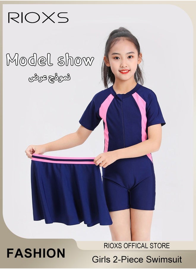 RIOXS - Girls' Two-Piece Swimsuits-Short Sleeve Rash Guard Swimming Shirts With Swim Skirts,Kids Girls Bathing Suit,Breathable Quick Dry Swimwear,Athletic Beach Sport Swimwear - Image 1