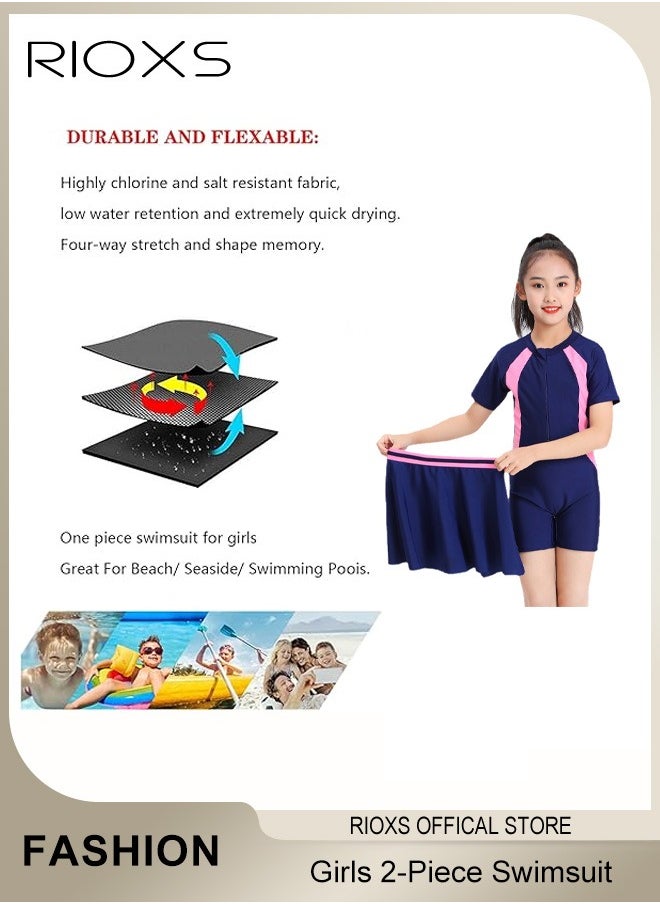 RIOXS - Girls' Two-Piece Swimsuits-Short Sleeve Rash Guard Swimming Shirts With Swim Skirts,Kids Girls Bathing Suit,Breathable Quick Dry Swimwear,Athletic Beach Sport Swimwear - Image 1