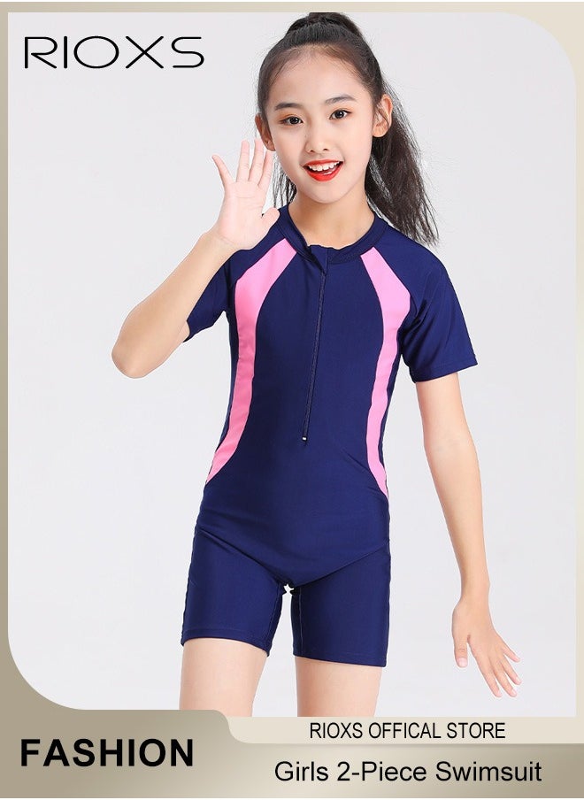 RIOXS - Girls' Two-Piece Swimsuits-Short Sleeve Rash Guard Swimming Shirts With Swim Skirts,Kids Girls Bathing Suit,Breathable Quick Dry Swimwear,Athletic Beach Sport Swimwear - Image 1