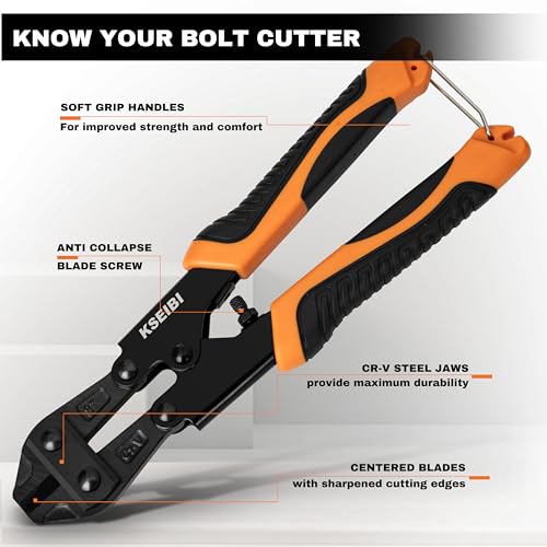 KSEIBI 141610 Mini Bolt Cutters 8 inch - Spring Loaded, CR-V Steel, Sharpened Cutting Edge, Wire Cutter, Snips Clippers, One Hand Operation, Small and Portable Design with Soft Grip Anti-Slip Handle - Image 2