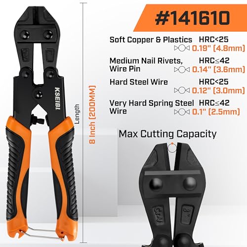 KSEIBI 141610 Mini Bolt Cutters 8 inch - Spring Loaded, CR-V Steel, Sharpened Cutting Edge, Wire Cutter, Snips Clippers, One Hand Operation, Small and Portable Design with Soft Grip Anti-Slip Handle - Image 4