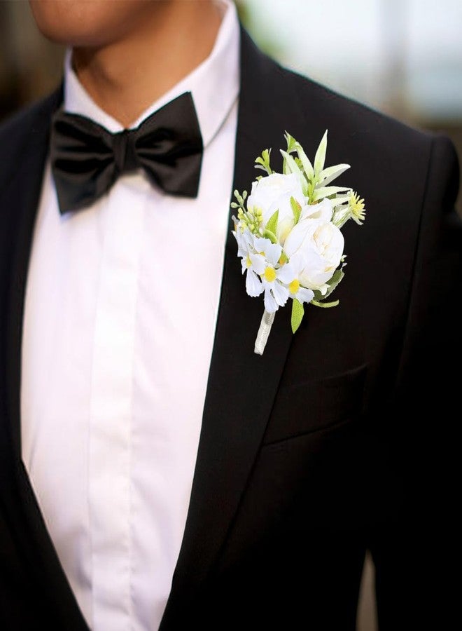 Latious Wedding Rose Boutonniere Groom Flower Buttonholes Prom Suit Decoration for Men (White) - Image 5