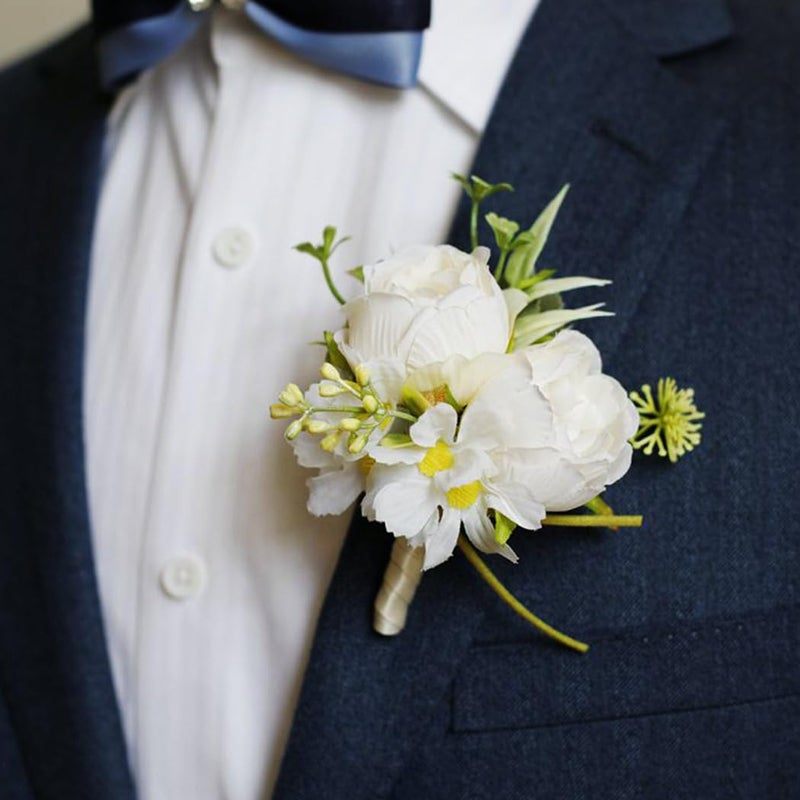 Latious Wedding Rose Boutonniere Groom Flower Buttonholes Prom Suit Decoration for Men (White) - Image 1
