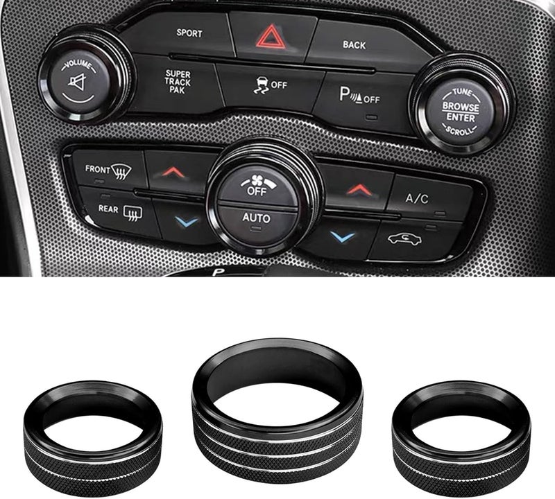 UZZH 3PCS AC Air Conditioner Switch Button Knob Cover, Car Interior Decor Accessories Radio Volume Control Knob Decals for Dodge Challenger Jeep Grand Cherokee Charger Durango Journey Chrysler (Black) - Image 1