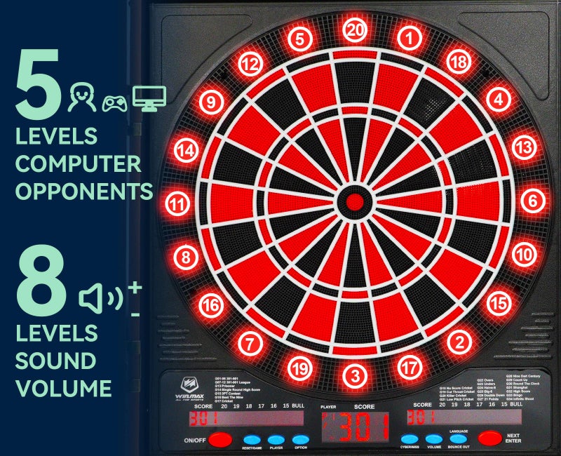 win.max Electronic Dart Board LED Electric Digital Scoreboard Dart Boards for Adults with MDF Cabinet, 355 Variations - 12 Soft Tip Darts & 100 Replacement Tips - Image 3
