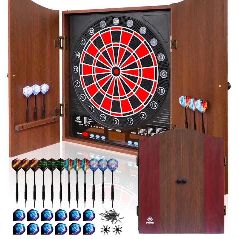 win.max Electronic Dart Board LED Electric Digital Scoreboard Dart Boards for Adults with MDF Cabinet, 355 Variations - 12 Soft Tip Darts & 100 Replacement Tips - Image 1