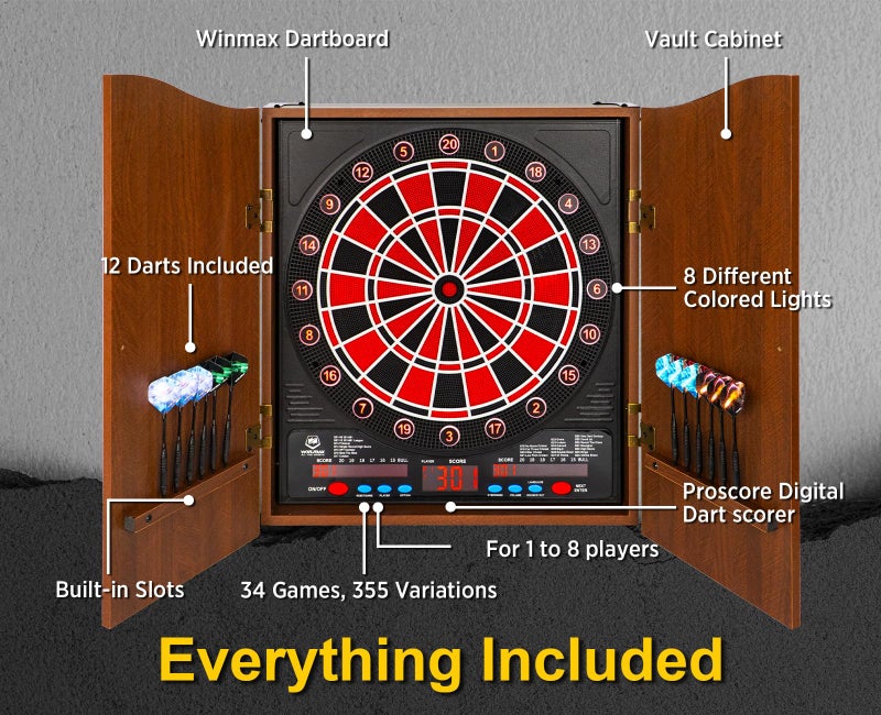 win.max Electronic Dart Board LED Electric Digital Scoreboard Dart Boards for Adults with MDF Cabinet, 355 Variations - 12 Soft Tip Darts & 100 Replacement Tips - Image 5