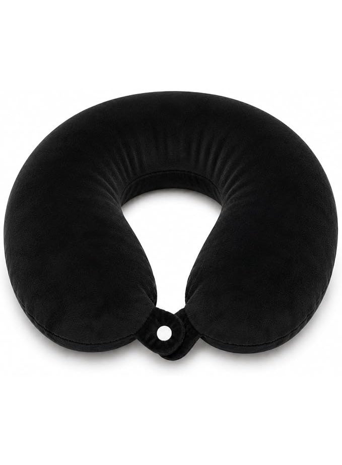 Memory Foam Travel Neck Pillow with Soft Velvet Cover Ergonomic Airplane Pillow Portable Neck Support Cushion for Car Train Office Camping Travel Accessories Comfortable Design (Black) - Image 1