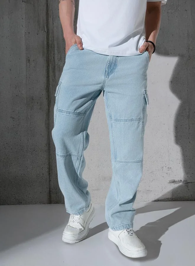 هوبرهولمي جينز أزرق فاتح بقصة مريحة 1% قطن بتصميم سادة وإغلاق بأزرار