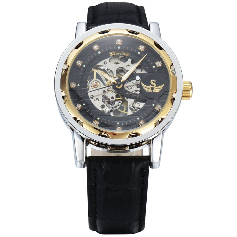 SEWOR Mechanical Skeleton Stainless Steel Men's Watch - Business Style, 35mm Dial, Butterfly Clasp - Two-tone black dial - Image 1