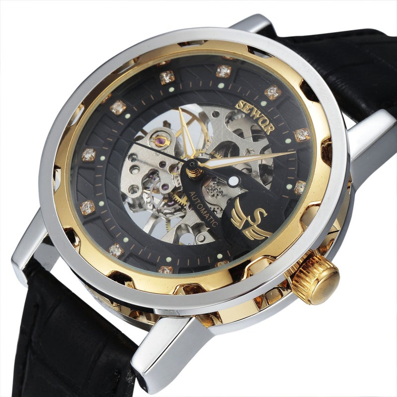 SEWOR Mechanical Skeleton Stainless Steel Men's Watch - Business Style, 35mm Dial, Butterfly Clasp - Two-tone black dial - Image 2