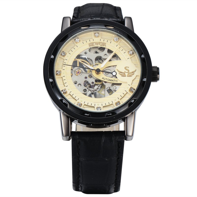 SEWOR Mechanical Skeleton Stainless Steel Men's Watch - Business Style, 35mm Dial, Butterfly Clasp - Two-tone black dial - Image 5