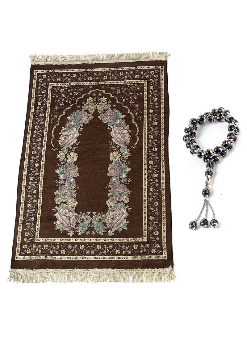 سجادة صلاة رمضان مع مسبحة (قهوة)سجادة صلاة رمضان مع خرز مسبحة، سجادة صلاة المسلمين، سجادة صلاة مسلمة مخملية محمولة، هدية صلاة العيد للرجال والنساء والأطفال (بني) - Image 1