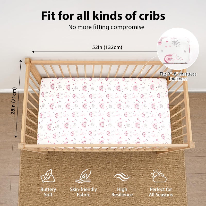 FIEMOL Baby Crib Sheets Girl, 3 Pack Toddler Bed Sheets Fitted for 52â€x28â€ Standard Crib and Toddler Mattresses, Super Soft Microfiber Pink Rainbow - Image 3