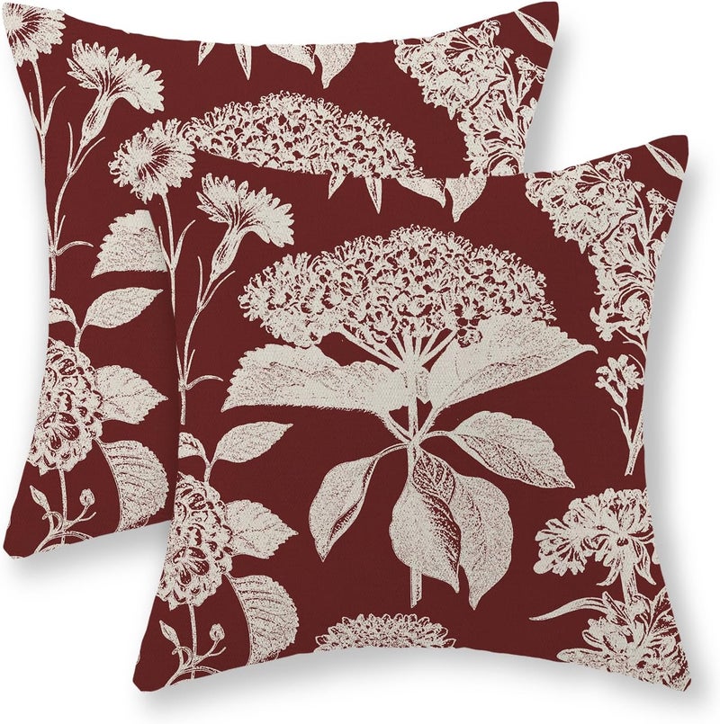 GOLIANDA Burgundy Red Pillow Covers 18x18 Set of 2 Vintage Boho Herbs Botanical Floral HydrangeaThrow Pillows Outdoor Flower Decorative Pillow Cases Linen Farmhouse Cushion Case for Couch Sofa Decor - Image 1