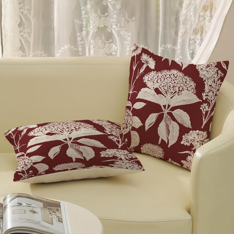 GOLIANDA Burgundy Red Pillow Covers 18x18 Set of 2 Vintage Boho Herbs Botanical Floral HydrangeaThrow Pillows Outdoor Flower Decorative Pillow Cases Linen Farmhouse Cushion Case for Couch Sofa Decor - Image 5