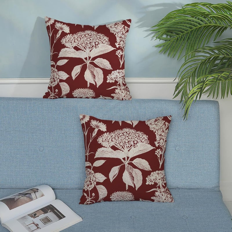 GOLIANDA Burgundy Red Pillow Covers 18x18 Set of 2 Vintage Boho Herbs Botanical Floral HydrangeaThrow Pillows Outdoor Flower Decorative Pillow Cases Linen Farmhouse Cushion Case for Couch Sofa Decor - Image 4