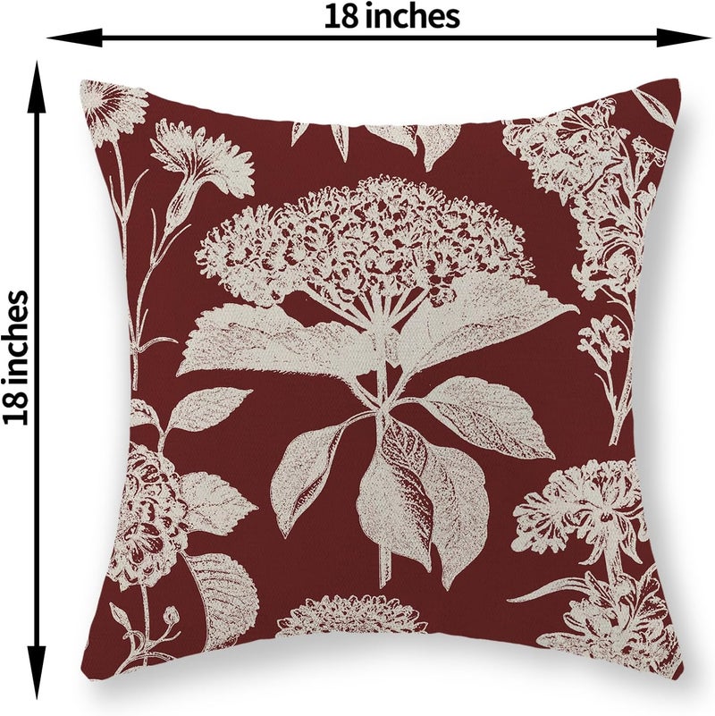 GOLIANDA Burgundy Red Pillow Covers 18x18 Set of 2 Vintage Boho Herbs Botanical Floral HydrangeaThrow Pillows Outdoor Flower Decorative Pillow Cases Linen Farmhouse Cushion Case for Couch Sofa Decor - Image 2