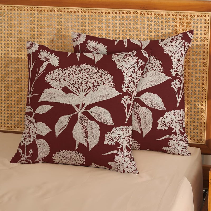 GOLIANDA Burgundy Red Pillow Covers 18x18 Set of 2 Vintage Boho Herbs Botanical Floral HydrangeaThrow Pillows Outdoor Flower Decorative Pillow Cases Linen Farmhouse Cushion Case for Couch Sofa Decor - Image 3