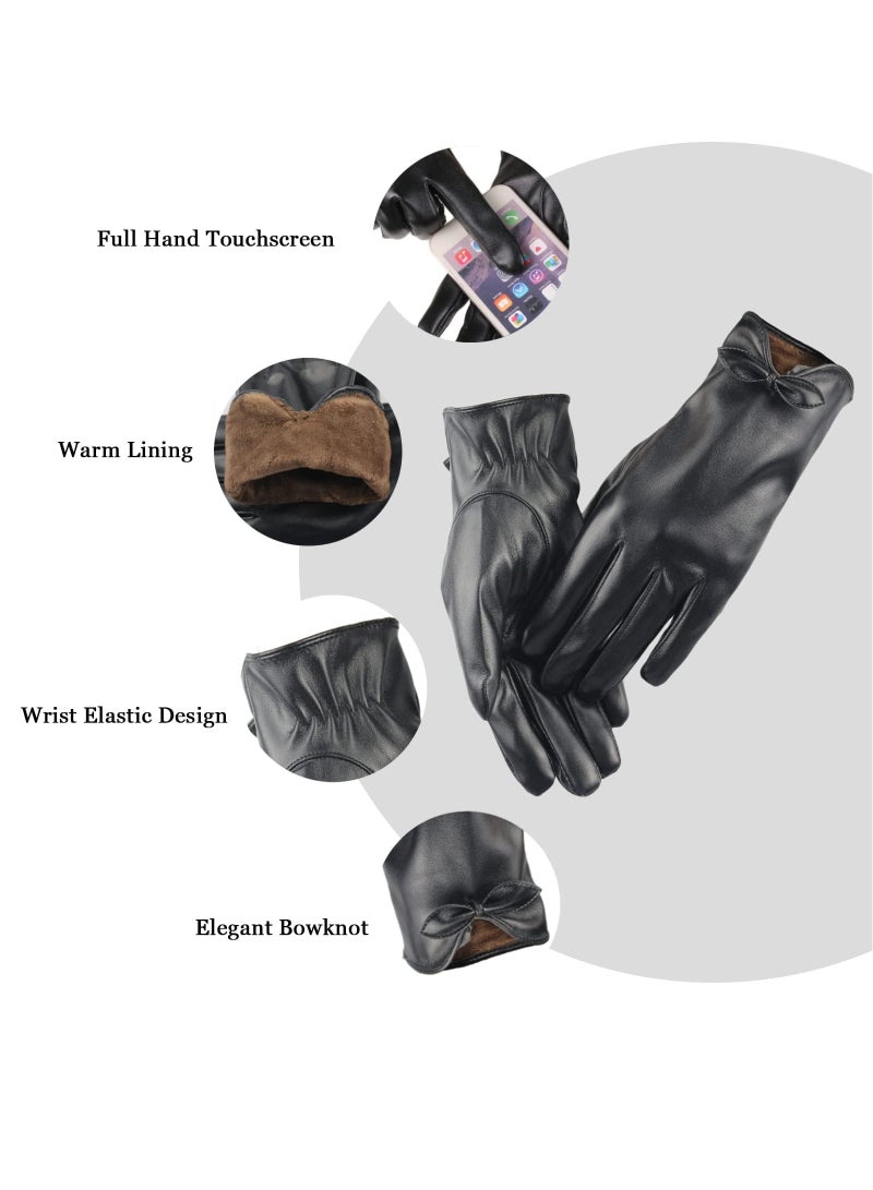 KASTWAVE Leather Gloves for Women, Women PU Leather Touchscreen Gloves Touch Screen Texting Winter Warm Cycling Driving Bowknot Gloves  - Image 2