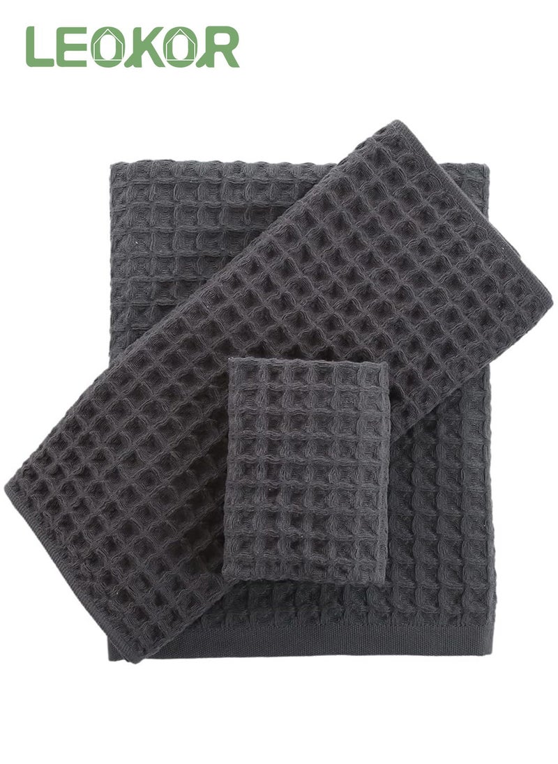 LEOKOR 3 Sizes Towel Set Quick Dry Ultra Soft Light Weight and Absorbent Waffle Towel Grey  - Image 1