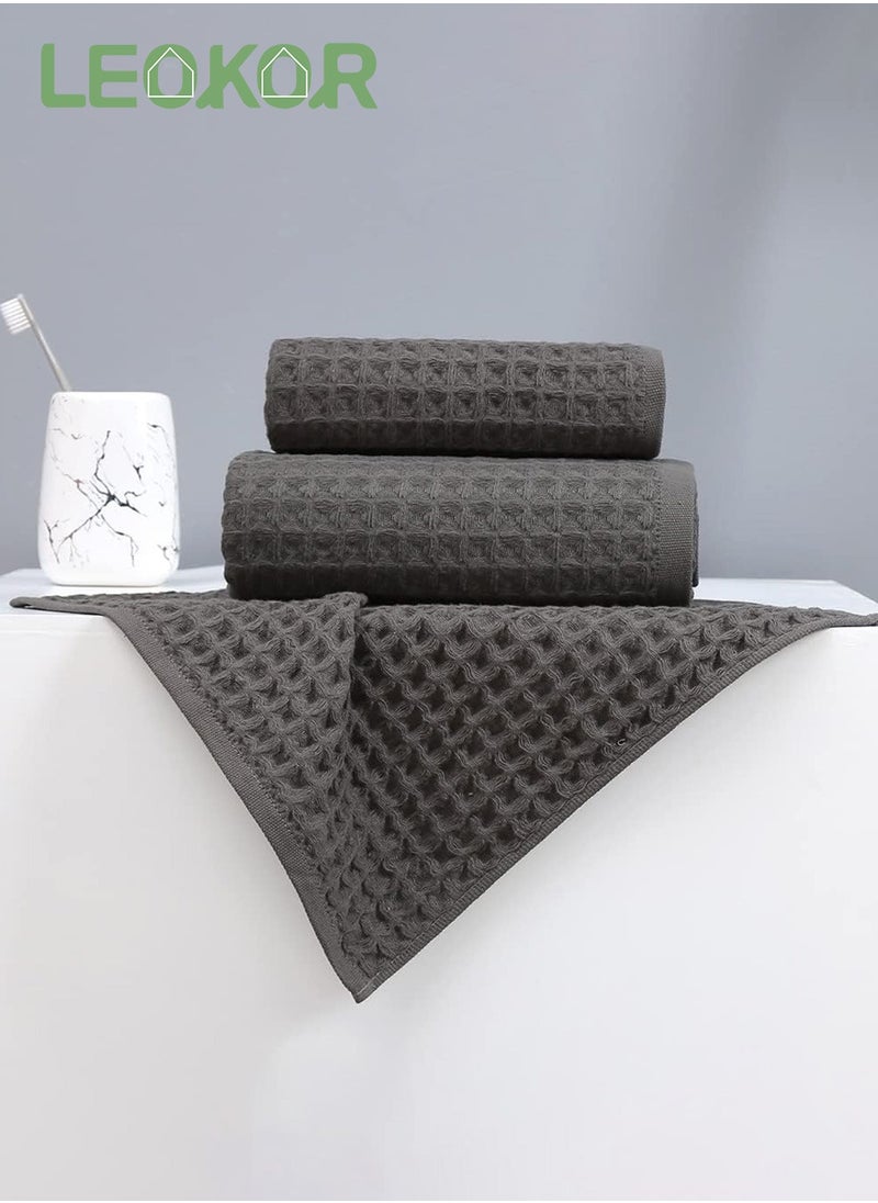LEOKOR 3 Sizes Towel Set Quick Dry Ultra Soft Light Weight and Absorbent Waffle Towel Grey  - Image 2