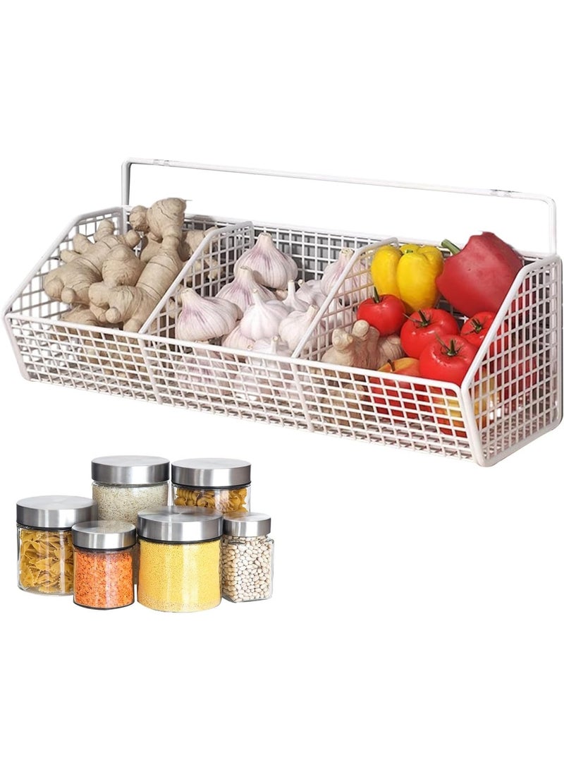 وانغبانغزي سلال تخزين مطبخ معلقة على الحائط، سلال تخزين معدنية بثلاثة أقسام، سلة سلكية للمطبخ بدون حفر مع لاصق، منظم سلال للتخزين للحمام والمطبخ، أبيض - Image 1