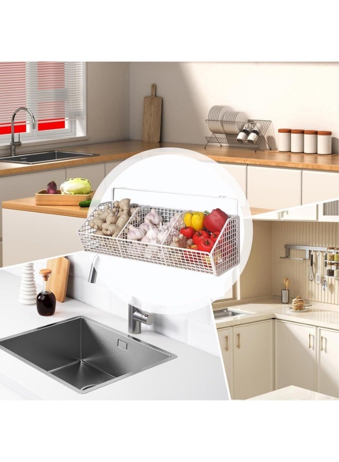 وانغبانغزي سلال تخزين مطبخ معلقة على الحائط، سلال تخزين معدنية بثلاثة أقسام، سلة سلكية للمطبخ بدون حفر مع لاصق، منظم سلال للتخزين للحمام والمطبخ، أبيض - Image 4