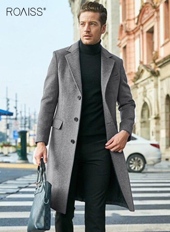 roaiss Men's French Coats Single Breasted Trench Coat Slim Fit Notched Collar Thermal Warm Oversized Business Formal Trench Coats Casual Windbreaker Jacket Office Outwear Tops Grey - Image 2
