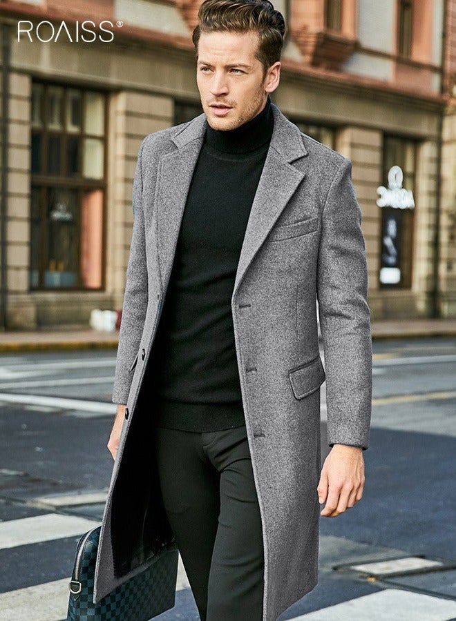 roaiss Men's French Coats Single Breasted Trench Coat Slim Fit Notched Collar Thermal Warm Oversized Business Formal Trench Coats Casual Windbreaker Jacket Office Outwear Tops Grey - Image 3