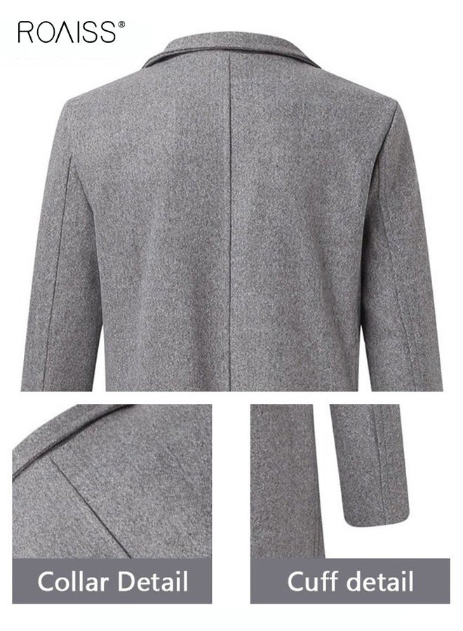 roaiss Men's French Coats Single Breasted Trench Coat Slim Fit Notched Collar Thermal Warm Oversized Business Formal Trench Coats Casual Windbreaker Jacket Office Outwear Tops Grey - Image 5