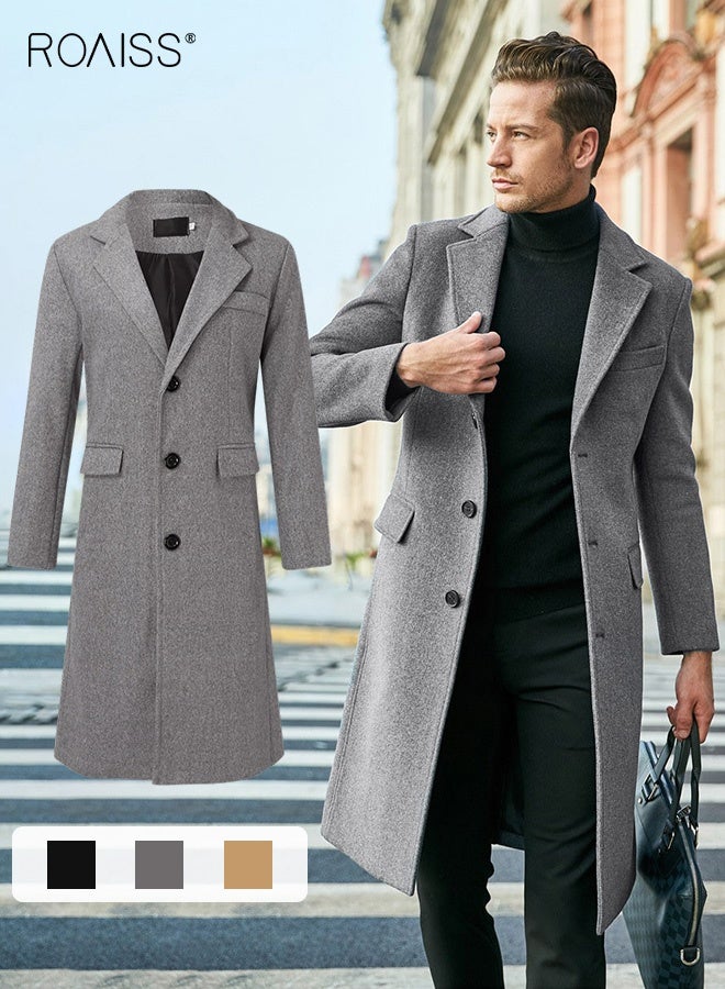 roaiss Men's French Coats Single Breasted Trench Coat Slim Fit Notched Collar Thermal Warm Oversized Business Formal Trench Coats Casual Windbreaker Jacket Office Outwear Tops Grey - Image 1