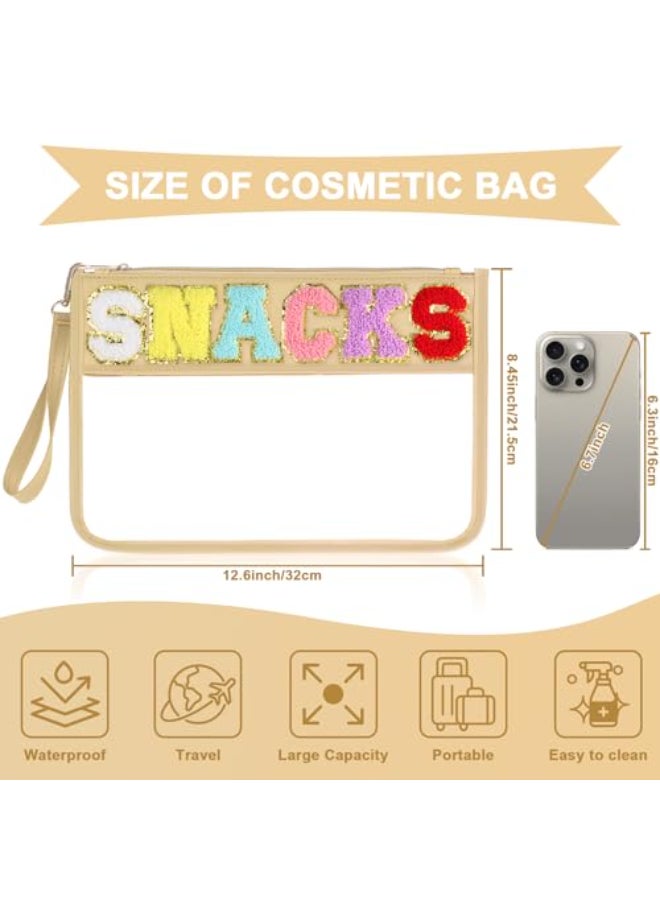 TESAFNG Snack Bag for Travel Clear Chenille Varsity Letter Flat Pouch with Zipper Waterproof Clear PVCPU Preppy Patch Makeup Cosmetic tote Bags for Women Girls BeigeSnacks - Image 3