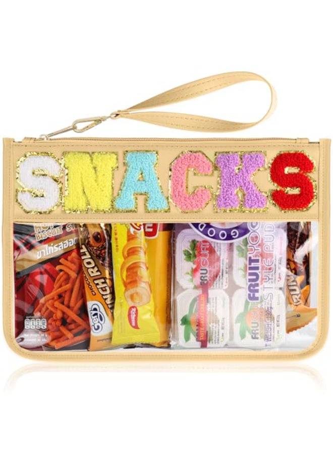 TESAFNG Snack Bag for Travel Clear Chenille Varsity Letter Flat Pouch with Zipper Waterproof Clear PVCPU Preppy Patch Makeup Cosmetic tote Bags for Women Girls BeigeSnacks - Image 1
