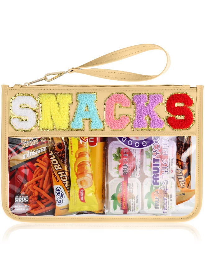 TESAFNG Snack Bag for Travel Clear Chenille Varsity Letter Flat Pouch with Zipper Waterproof Clear PVCPU Preppy Patch Makeup Cosmetic tote Bags for Women Girls BeigeSnacks - Image 2