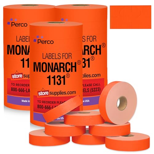 Perco Fluorescent Red Pricing Labels for Monarch 1131 Price Gun – 3 Sleeves, 24 Rolls Value Pack - 60,000 Price Marking Labels – with Ink Rolls Included - Image 1