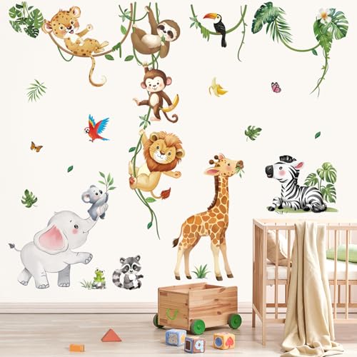 decalmile Safari Animals Wall Decals Jungle Animals Climbing Tree Giraffe Elephant Lion Wall Stickers Baby Nursery Kids Room Wall Decor - Image 3