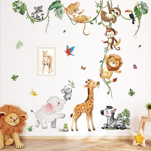 decalmile Safari Animals Wall Decals Jungle Animals Climbing Tree Giraffe Elephant Lion Wall Stickers Baby Nursery Kids Room Wall Decor - Image 1