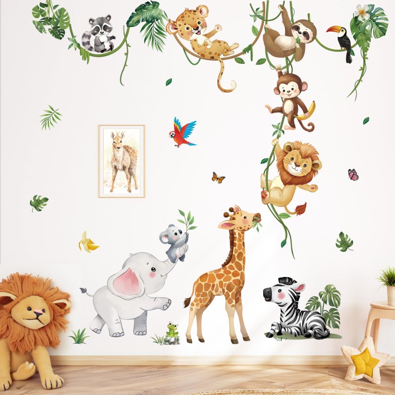 decalmile Safari Animals Wall Decals Jungle Animals Climbing Tree Giraffe Elephant Lion Wall Stickers Baby Nursery Kids Room Wall Decor - Image 2
