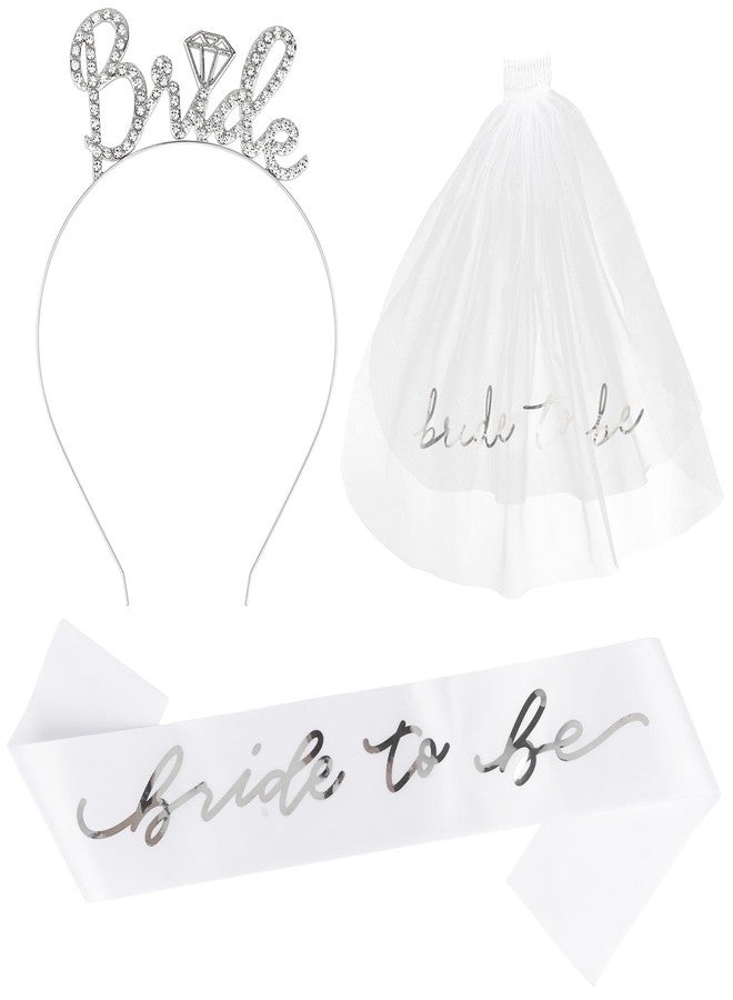 CAVETEE Bride Headband Set - Bridal Shower Hairband With Veil Crown and Sash for Bachelorette Party & Wedding