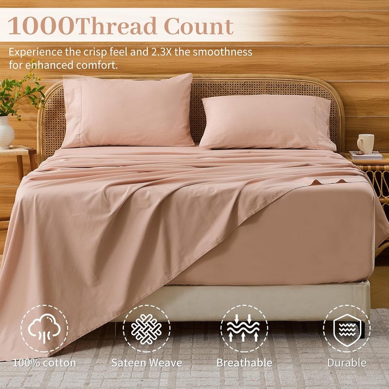 Bedlifes Deep Pocket Sheets 18-24 Inch, King Size Egyptian Cotton 1000 Thread Count, 4-Piece - Fits Extra Thick Mattresses, Cooling & Breathable (Dusty Pink) - Image 2