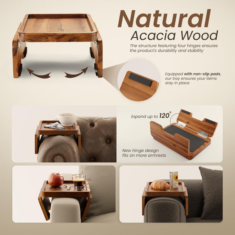 HOLANA Acacia Wood Sofa Armrest Tray - 13.75 x 9.5in Double Hinge Sofa Arm Tray Table Clip - Couch Arm Table - Wooden Side Tables for Eating and Drink (Acacia, 13.75" D x 9.5" W x 2" H) - Image 3
