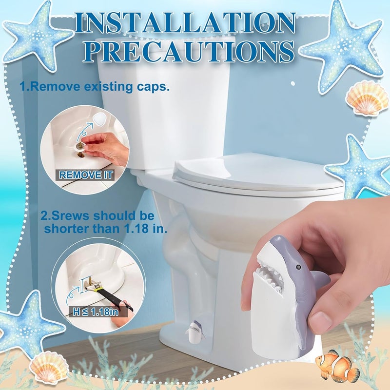 SRCVYLT 4 Pcs Toilet Bolt Covers Decorative, 2 Shark Toilet Bolt Caps with 2 Plastic Caps for Bottom, Cute Toilet Bolt Covers Set for Coastal Home Beach House, Easy to Install Shark Bathroom Decor - Image 3
