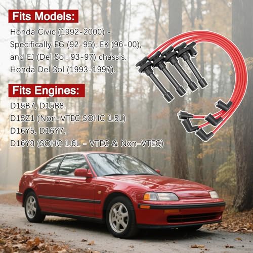 BEATURE Spark Plug Wire Set Compatible with Honda Civic Del Sol 1992-2000 EG EK EJ D15 D16 Engine 10.5mm Spiral Core (Non-VTEC Models) - High Performance Ignition Wires - Image 2