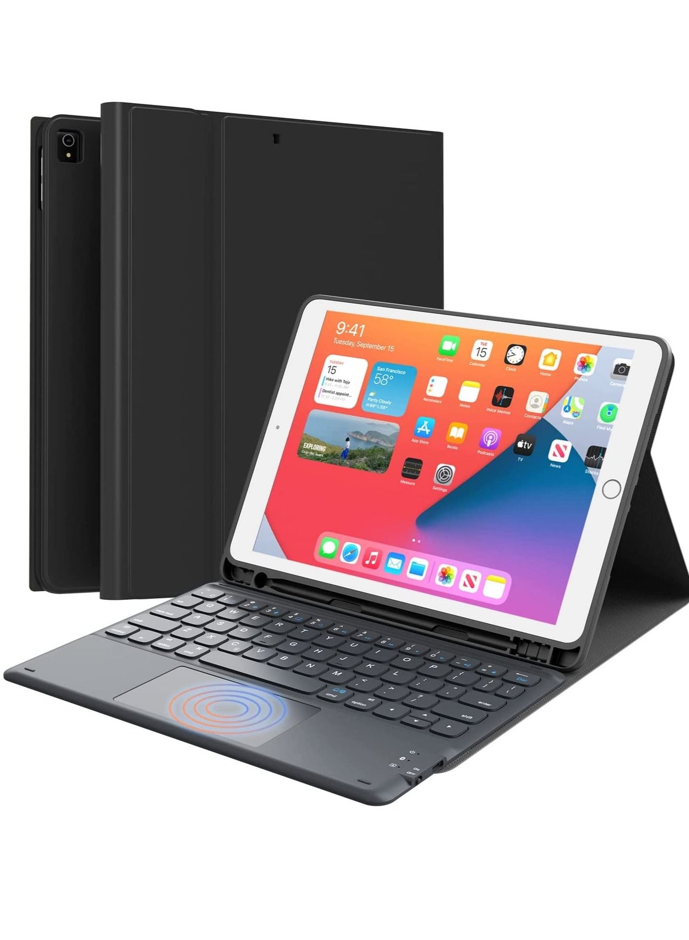 iPad Keyboard 9th Generation, Keyboard for iPad 8th Generation/7th Gen 10.2 Inch, Smart Trackpad, Detachable Wireless with Pencil Holder, Flip Stand Keyboard Case for iPad 9th/8th/7th Gen 10.2”, Black