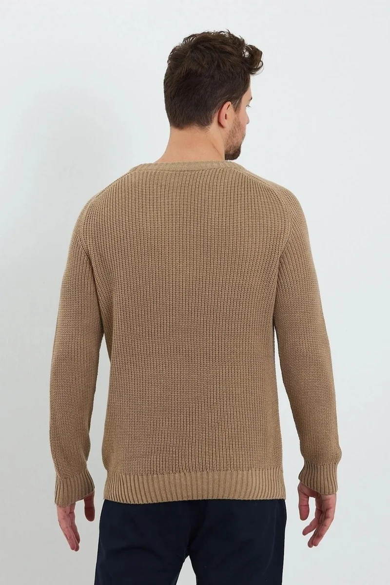 Odelon Men's Crew Neck Thessaloniki Knitted Cotton Knitwear Sweater Beige