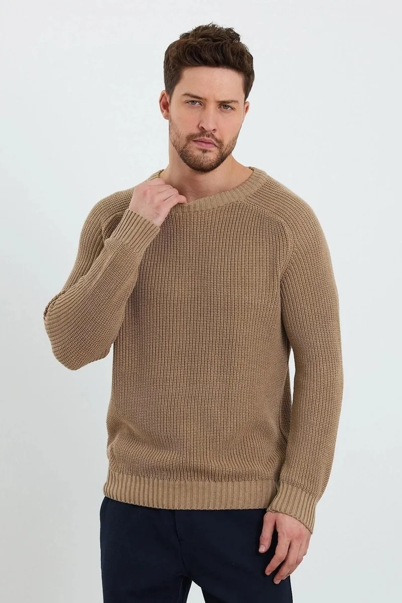 Odelon Men's Crew Neck Thessaloniki Knitted Cotton Knitwear Sweater Beige