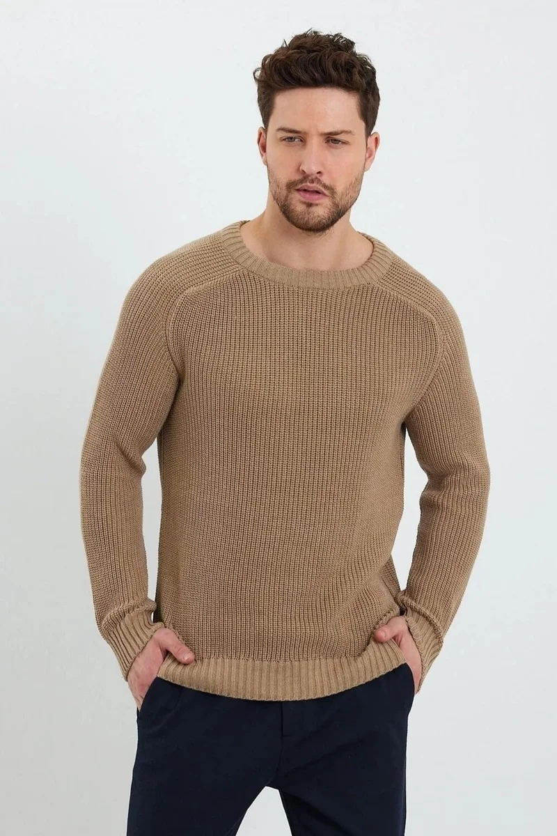 Odelon Men's Crew Neck Thessaloniki Knitted Cotton Knitwear Sweater Beige