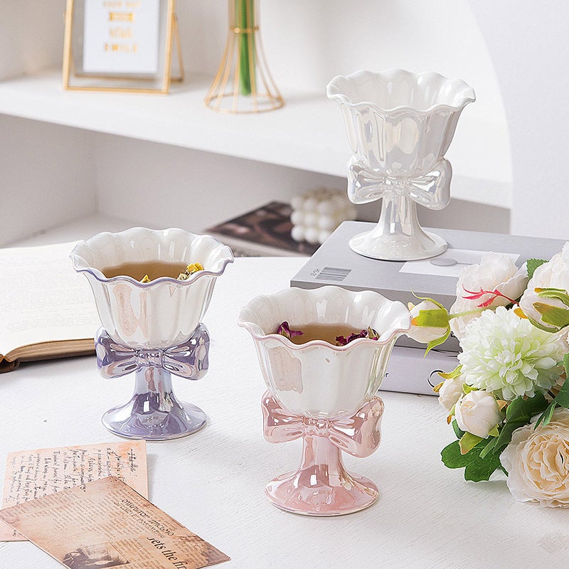 Bow-Knot Highball Ceramic Goblet Cup - 180ml Ice Cream Dessert Glass, Cute & Elegant Design for Couples - Image 4